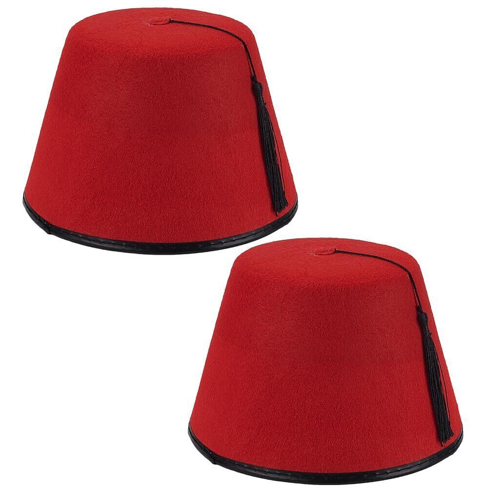 6101 2 Pack Red Turkish Fez Hat, Felt & Polyester Material with Black
